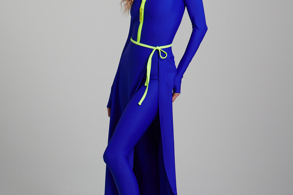 Nadia in the Watskin Olivia Wrap Suit in Azul Blue