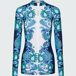 Long-sleeve one piece swimsuit in a blue and green floral pattern on a white background