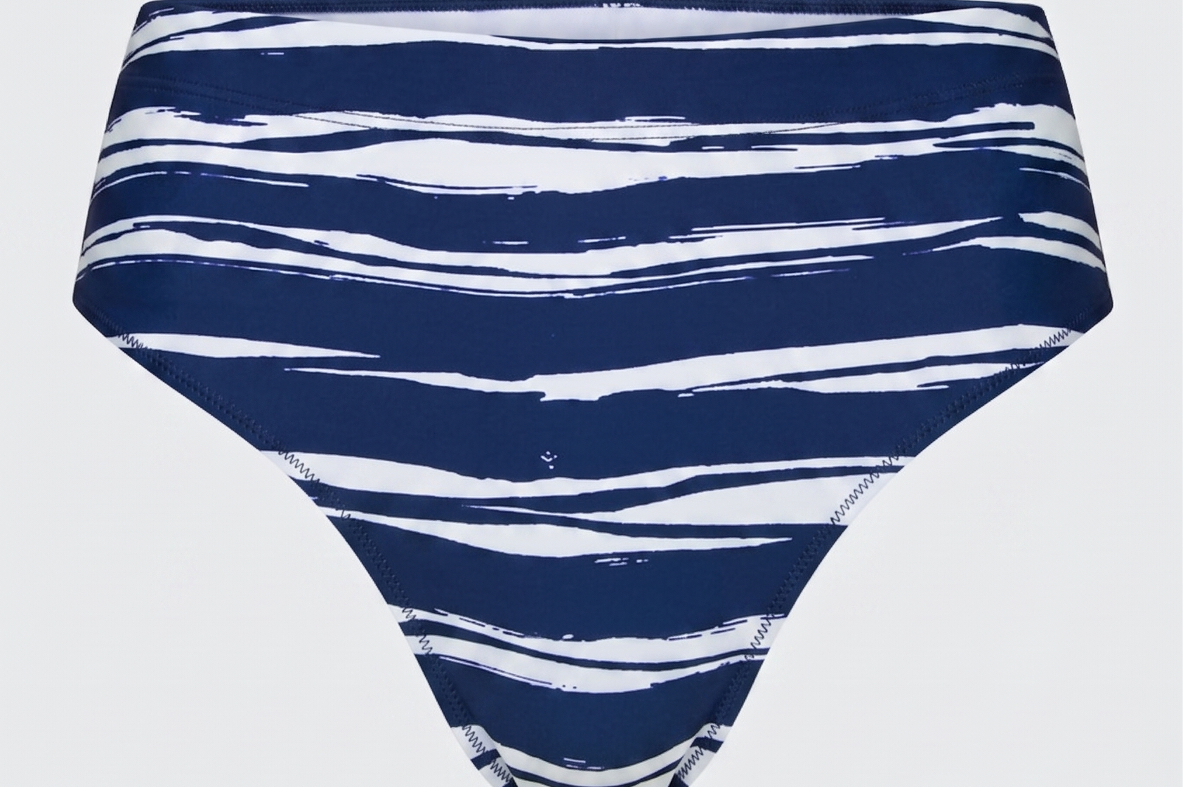 A pair of women's bikini bottoms featuring a navy blue and white abstract brushstroke stripe.