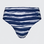 A pair of women's bikini bottoms featuring a navy blue and white abstract brushstroke stripe.