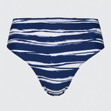 A pair of women's bikini bottoms featuring a navy blue and white abstract brushstroke stripe.