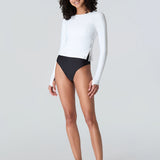 Woman modeling Watskin Sasha tee in White and Belle bikini in Black