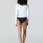 Rear view of woman wearing Sasha tee in White and Belle bikini in Black