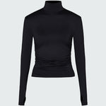 A black long-sleeve mock neck top with ruched detailing at the waist.