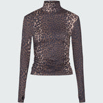 A long-sleeve mock neck rashguard in leopard