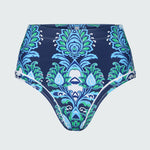 High-waisted bikini bottom with blue and green floral
 pattern on a light gray background