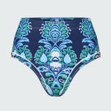 High-waisted bikini bottom with blue and green floral
 pattern on a light gray background