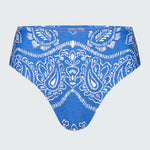 Blue and white bandana printed bikini bottom.