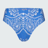 Blue and white bandana printed bikini bottom.