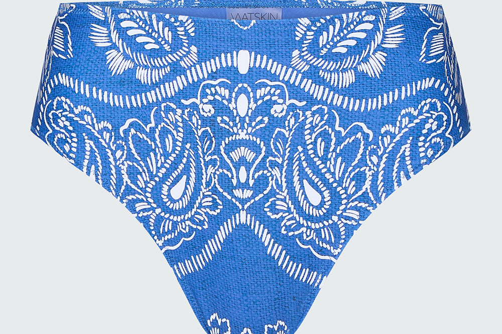 Blue and white bandana printed bikini bottom.