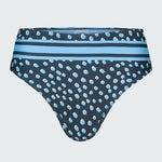 Women's bikini bottom in a blue dot print with placed stripe at waist.