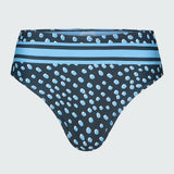 Women's bikini bottom in a blue dot print with placed stripe at waist.