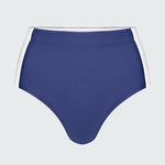 Blue and white colorblocked bikini bottom swimsuit on a light gray background