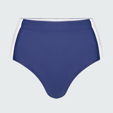 Blue and white colorblocked bikini bottom swimsuit on a light gray background
