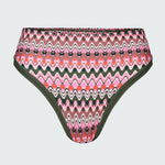 Product flat of a bikini bottom with green trim on a white background