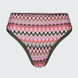 Product flat of a bikini bottom with green trim on a white background