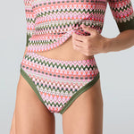 Front view, pink & green striped bikini bottom with green trim, white background