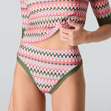 Front view, pink & green striped bikini bottom with green trim, white background