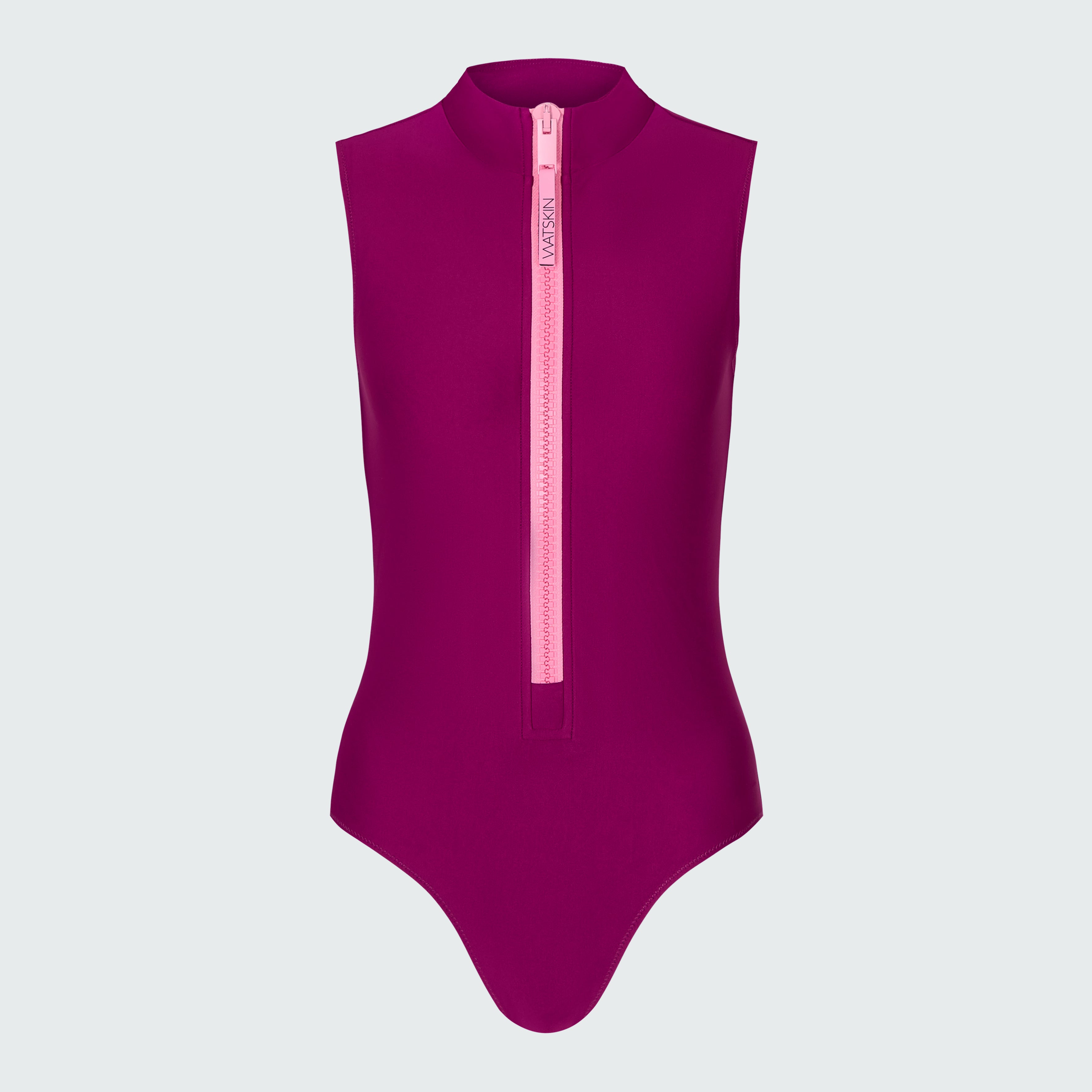 Sleeveless bodysuit in dark berry with pink zipper.