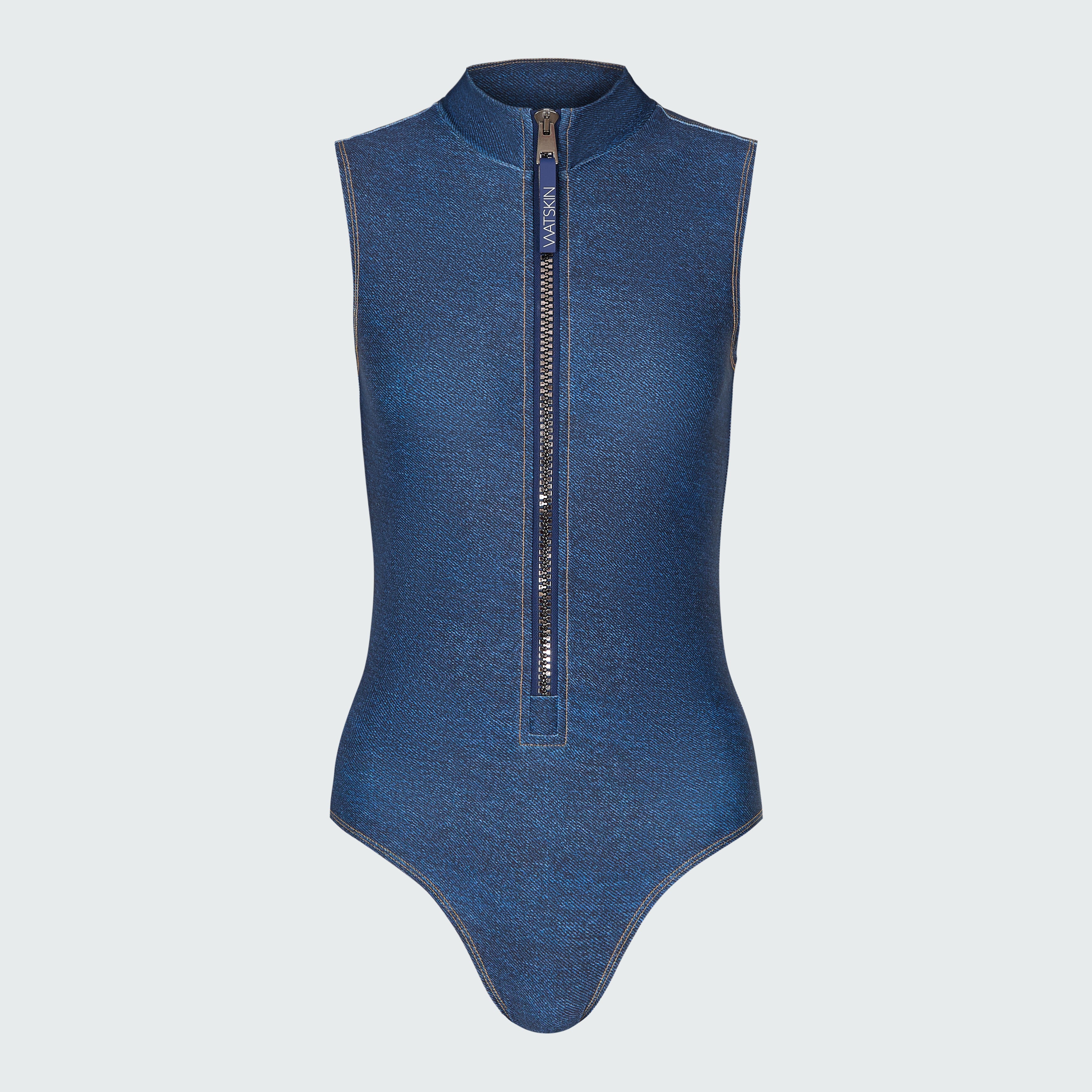 A sleeveless denim bodysuit with a  mock neck and half-zip neckline.