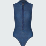 A sleeveless denim bodysuit with a  mock neck and half-zip neckline.