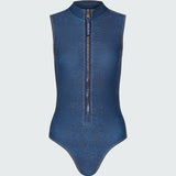 A sleeveless denim bodysuit with a  mock neck and half-zip neckline.
