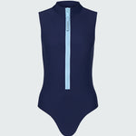 A sleeveless navy blue bodysuit with a light blue front zipper.