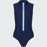 A sleeveless navy blue bodysuit with a light blue front zipper.