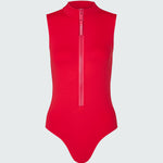 A red sleeveless bodysuit with a  mock neck and half-zip neckline.