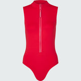A red sleeveless bodysuit with a  mock neck and half-zip neckline.