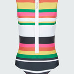 Brightly colored striped sleeveless swimsuit with an oversized white zipper on a light gray background