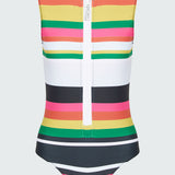 Brightly colored striped sleeveless swimsuit with an oversized white zipper on a light gray background