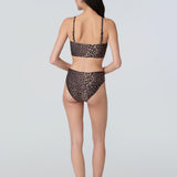 Back view of a woman wearing a leopard print swim and sun protective bralette and bikini bottom.