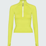 A lime green long-sleeve 1/2 zip rashguard with side ruching