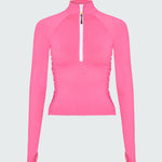 A pink long-sleeve 1/2 zip rashguard with side ruching