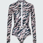 Watskin Ella long sleeved belted bodysuit in Animal Mix against a plain background