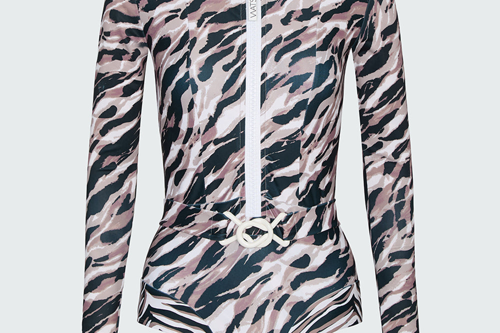 Watskin Ella long sleeved belted bodysuit in Animal Mix against a plain background