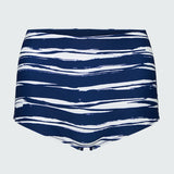 Navy and white striped high-waisted bikini boy short on a light gray background