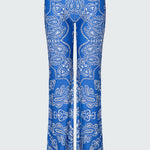 Blue and white bandana printed flare pants.
