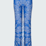 Blue and white bandana printed flare pants.