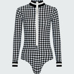 Watskin Lilia bodysuit in black/ivory houndstooth shown flat against a white background
