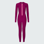 Long sleeve full length catsuit in dark berry with pink front zipper.