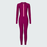 Long sleeve full length catsuit in dark berry with pink front zipper.