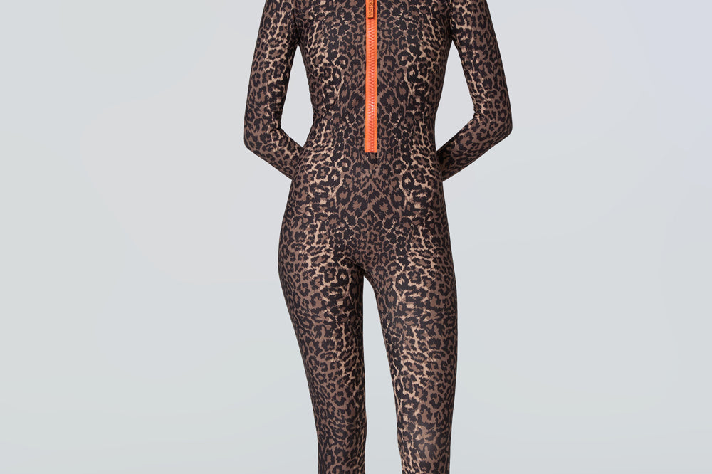 Female modeling Watskin Lois Catsuit in Leopard