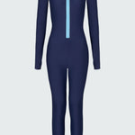 A navy blue long-sleeve full-body catsuit swimsuit with a light blue front zipper.