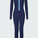 A navy blue long-sleeve full-body catsuit swimsuit with a light blue front zipper.