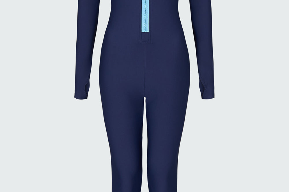 A navy blue long-sleeve full-body catsuit swimsuit with a light blue front zipper.