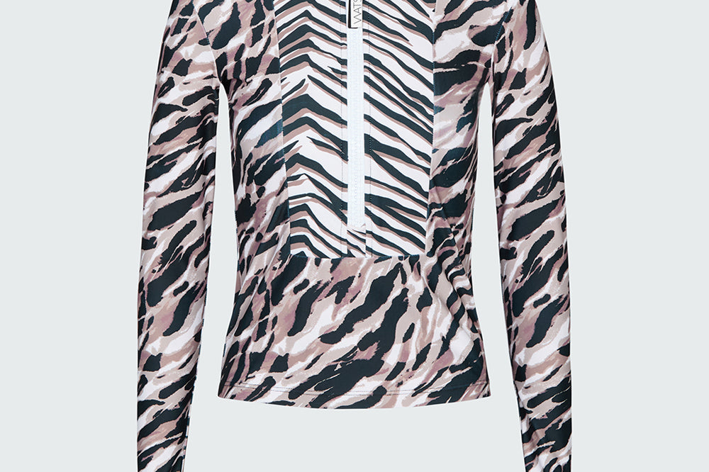 Mia Half Zip Pullover Rashguard in Animal Mix shown against a plain light gray background