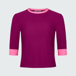 A short sleeve top in dark berry swim tee with contrasting pink trim.