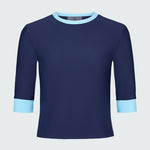 A navy blue short-sleeve top with light blue cuffs and neck trim.
